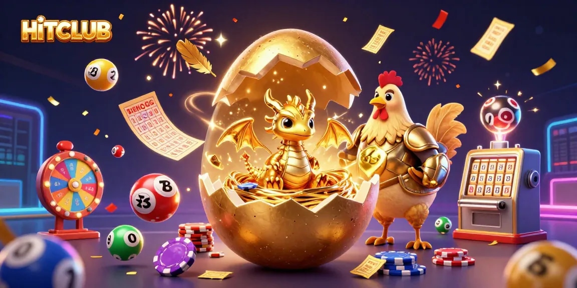 Experience the excitement at HITCLUB with a vibrant illustration of a golden dragon and dynamic game elements.