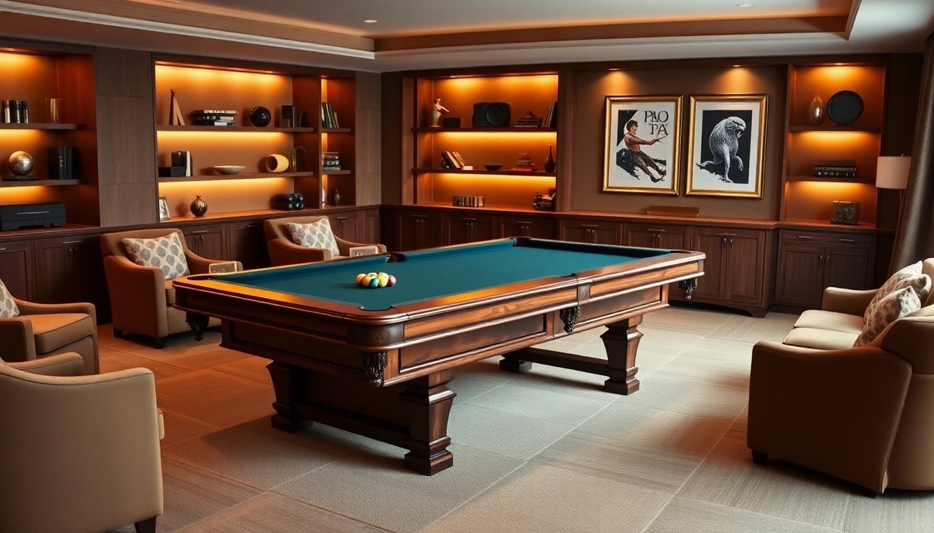 Buy Pool Tables with elegant mahogany finish in a cozy, stylish game room setting.