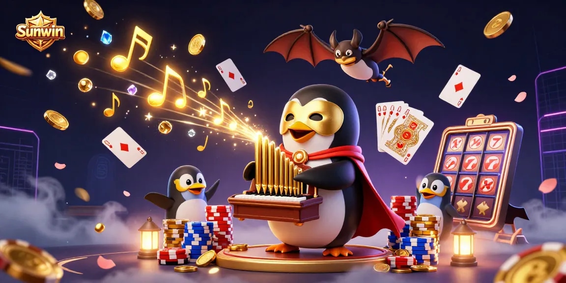 Experience the thrill with Sunwin, where golden coins cascade from the pipe organ in a lively casino scene.
