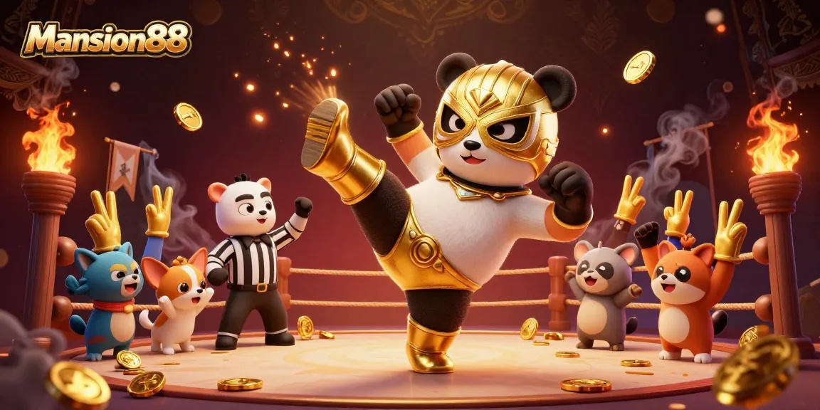 Mansion88 showcases an exciting kick-off by a panda wrestler surrounded by cheering animal fans and dynamic gambling elements.