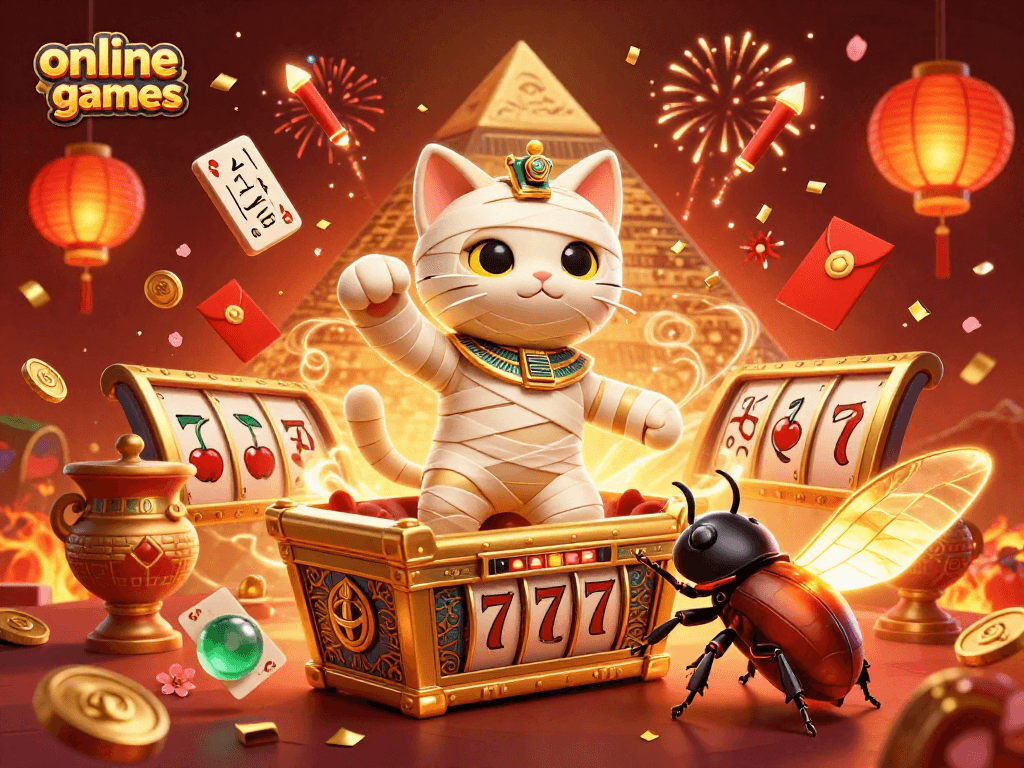 Engage in online slot games with vibrant characters and dynamic elements in a spectacular casino scene.