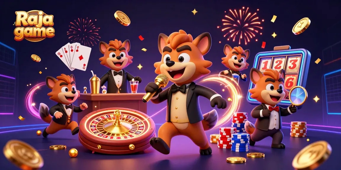 Join the excitement of Raja game with hyenas in a casino filled with vibrant elements and humor.