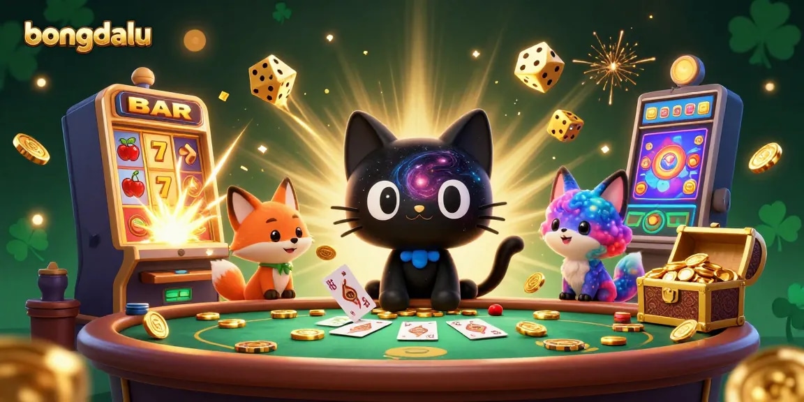 Bongdalu showcases a vibrant 3D cosmic casino scene with a black hole cat and a nebula fox captivating players.
