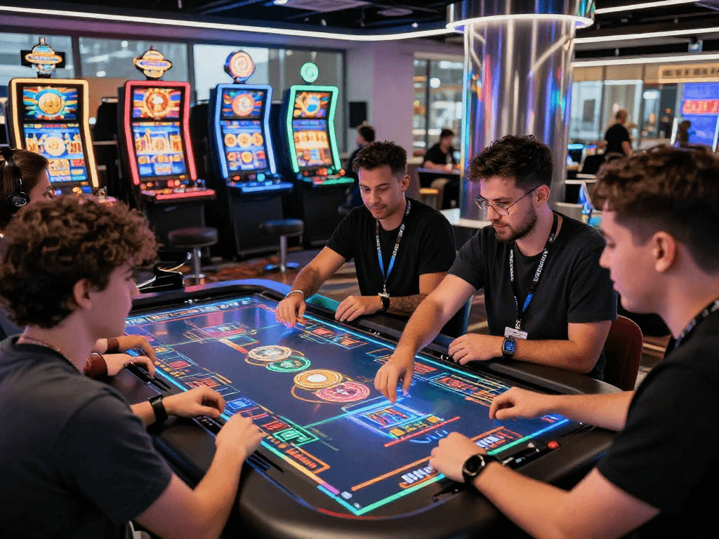 Engaging scene of a crypto casino with players using holographic interfaces and vibrant gaming elements.
