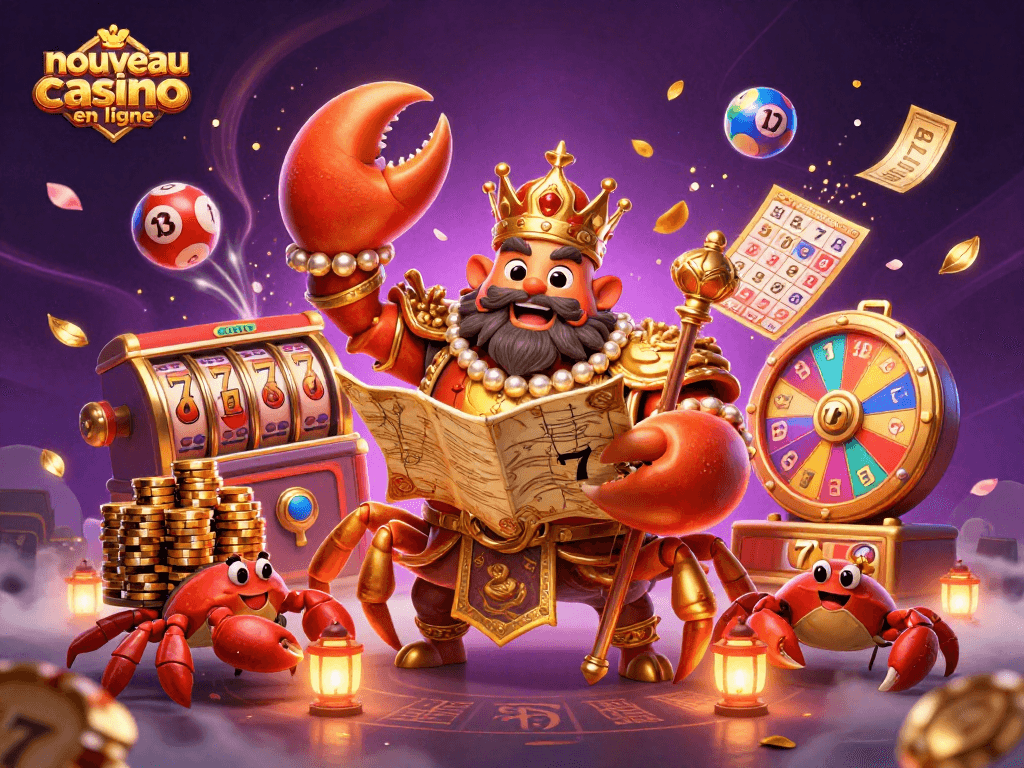 Expérimentez le nouveau casino en ligne avec un crabe empereur entouré de jeux de machine à sous.