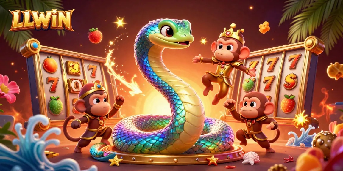 Engage with LLWIN's vibrant games through a magical scene featuring a rainbow serpent, exotic elements, and slot machine excitement.