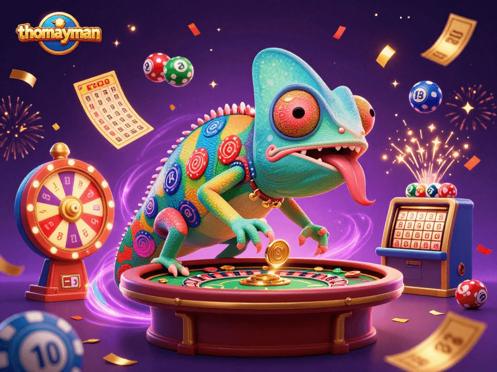 Experience exhilarating wins with thomayman in this vibrant casino scene featuring a colorful chameleon!