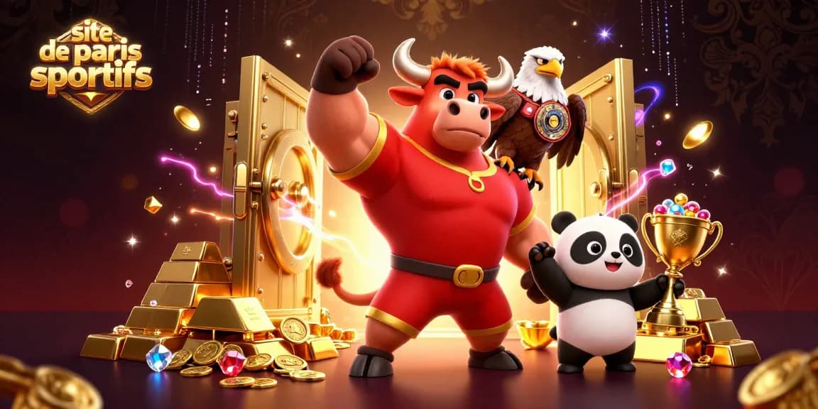Visualisez votre site de paris sportifs avec un bull mascotte en victoire et des trophées scintillants.