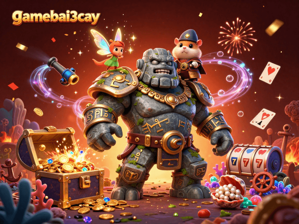 gamebai3cay unleashes excitement with vibrant 3D casino scene depicting magical elements and treasure