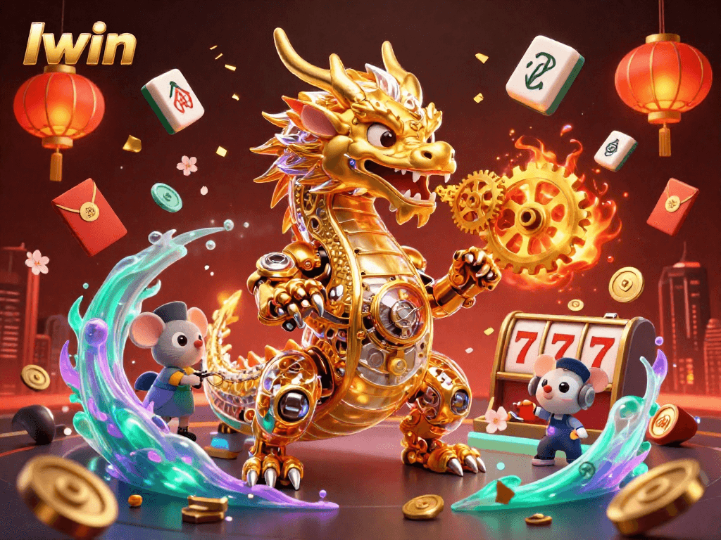 Iwin illuminates a vibrant 3D casino scene with golden dragon and slot machines.