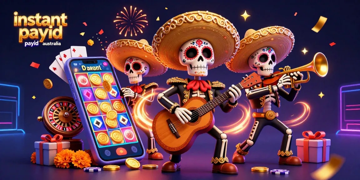 Experience instant payout payid casino australia with a vibrant 3D mariachi scene, celebrating gaming excitement.