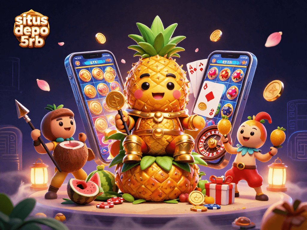 Engage with exciting slots at situs depo 5rb featuring a vibrant scene with the pineapple king, games, and prizes.
