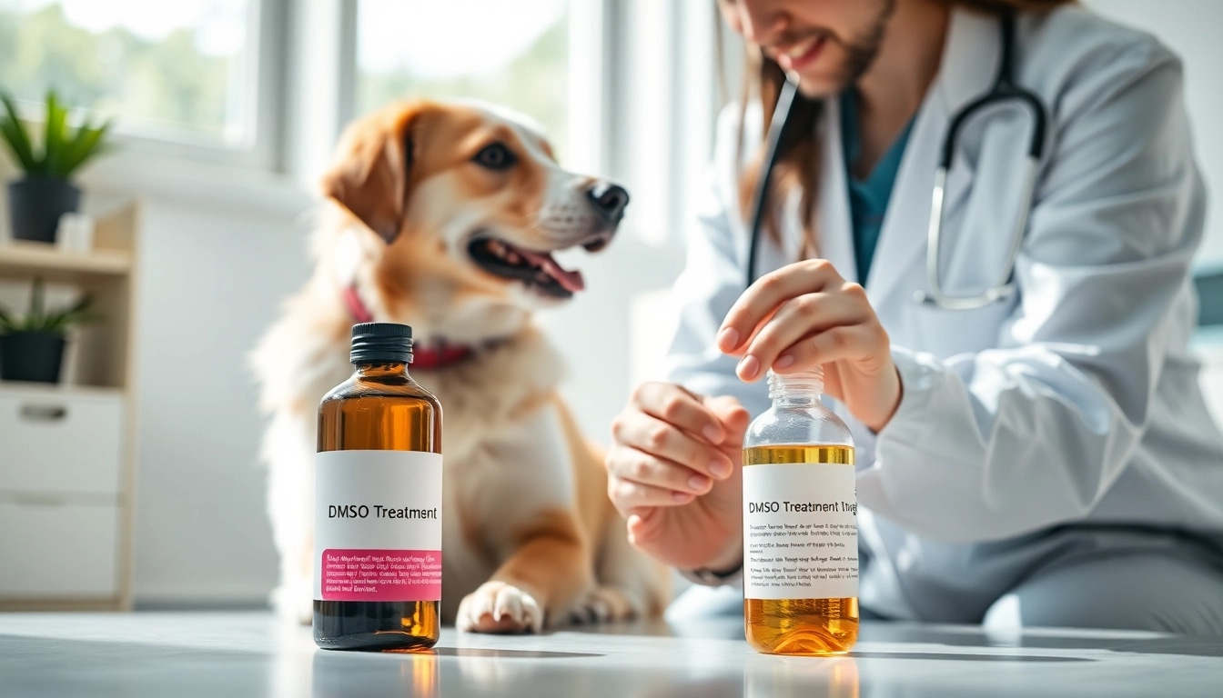 DMSO for dogs treatment application showing a veterinarian caring for a dog's joint.