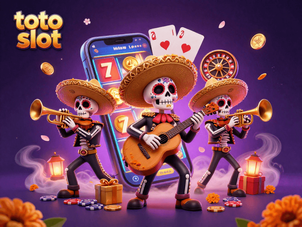 Permainan toto slot menarik dengan band mariachi tengkorak, koin emas mengalir dari smartphone.