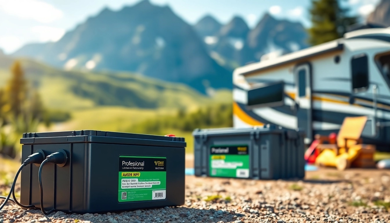 Showcase of lithium RV batteries in a campsite setting highlighting their features and outdoor adventure.