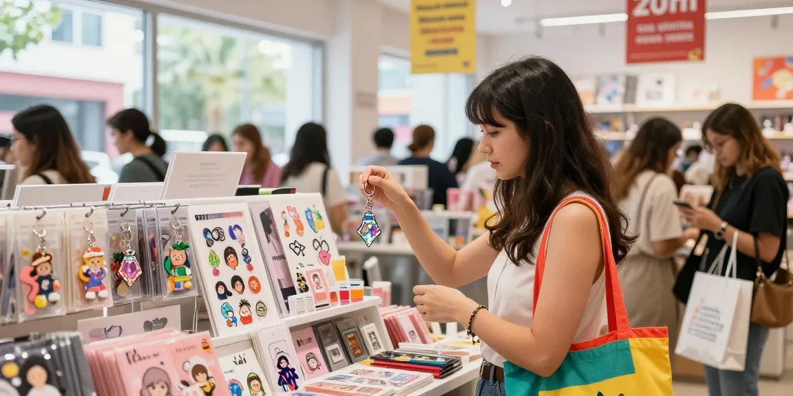 Shopper admiring a Custom Acrylic Diamond Keychain amidst vibrant custom merchandise displays.