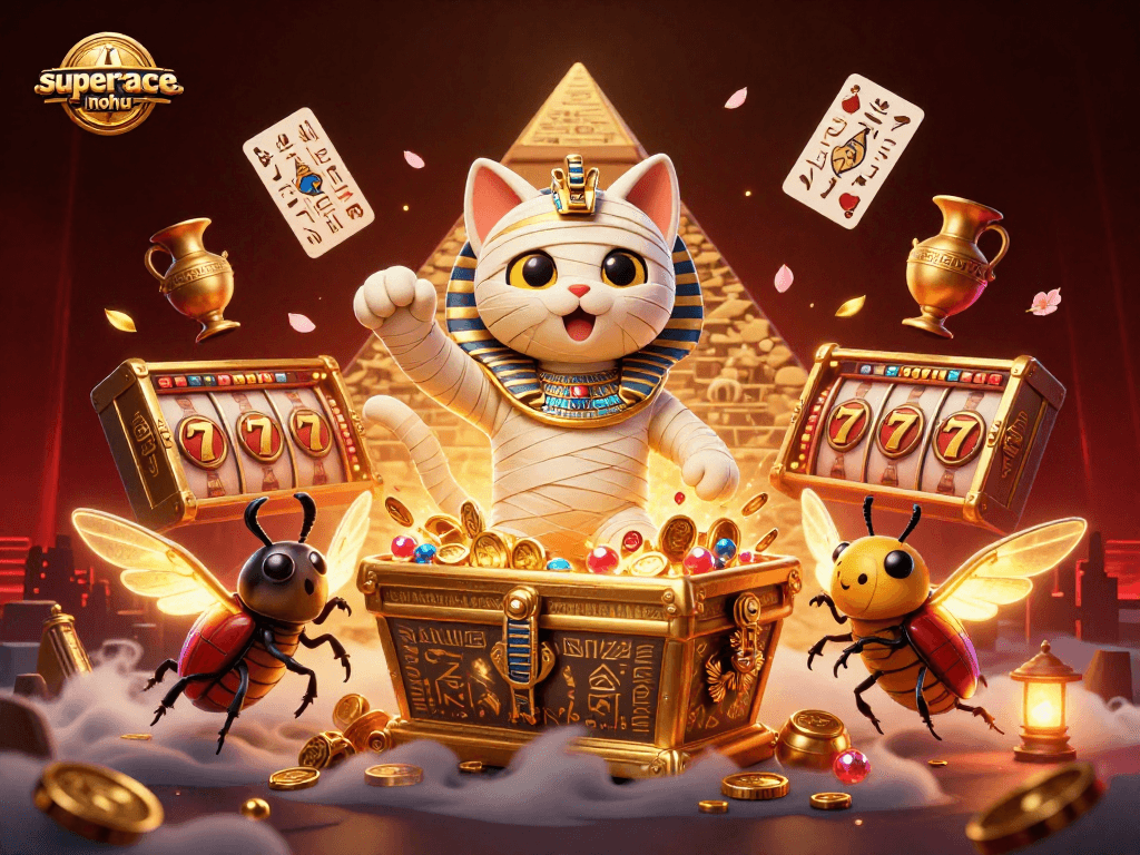 Experience thrilling action in superace-nohu with an Egyptian mummy cat and colorful casino elements.