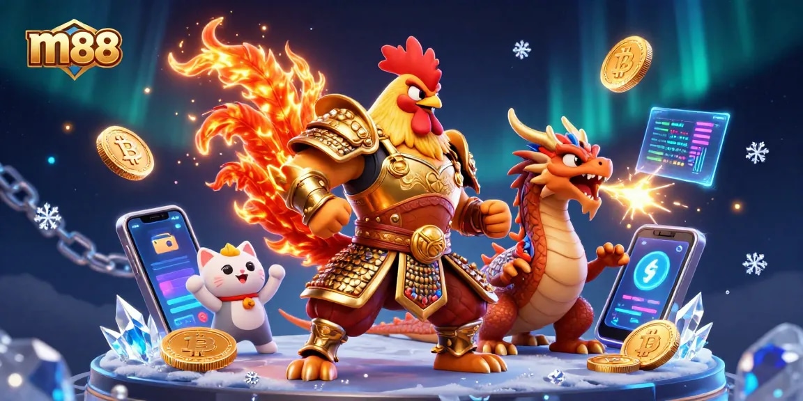 M88 brings thrilling entertainment with a fighting rooster warrior and dragon hatchling in a vibrant, winning casino scene.