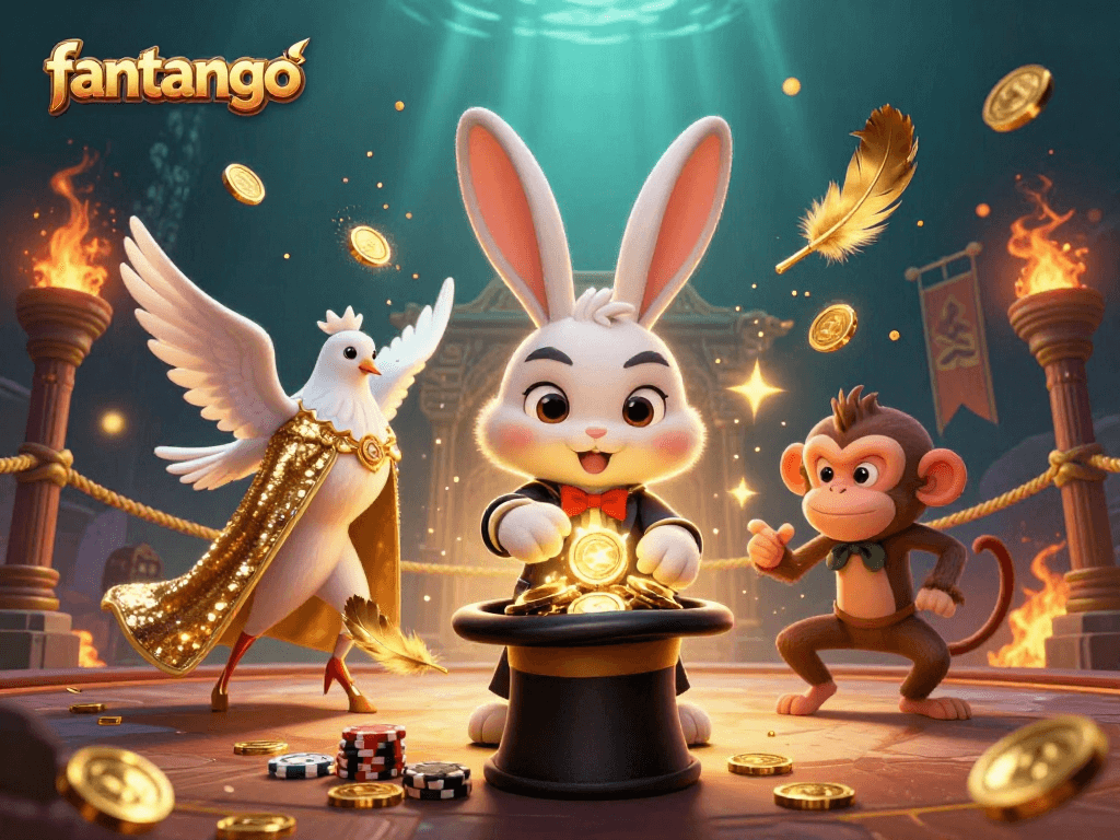 Experience the excitement of fantasizing with fantango as a magician rabbit pulls coins amid vibrant casino elements.