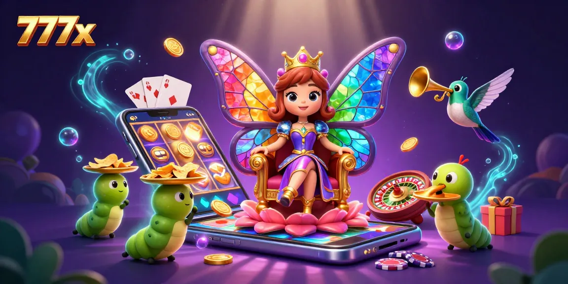 Engage in thrilling gameplay at 777x with a colorful illustration featuring dynamic casino elements.