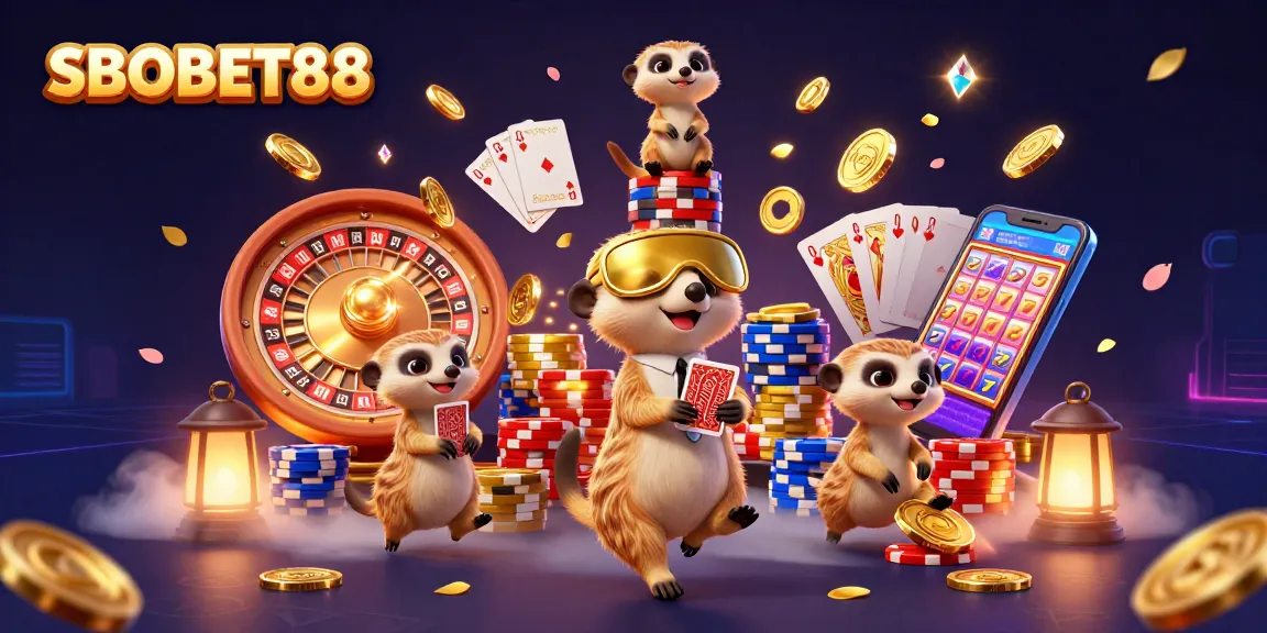 SBOBET88 menghadirkan pengalaman judi yang seru dengan koloninya meerkat di kasino, menampilkan chip, kartu, dan roulette.