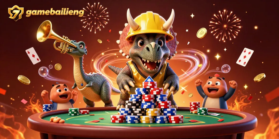 Join the thrilling gamebailieng action with playful characters celebrating at a dynamic poker scene.