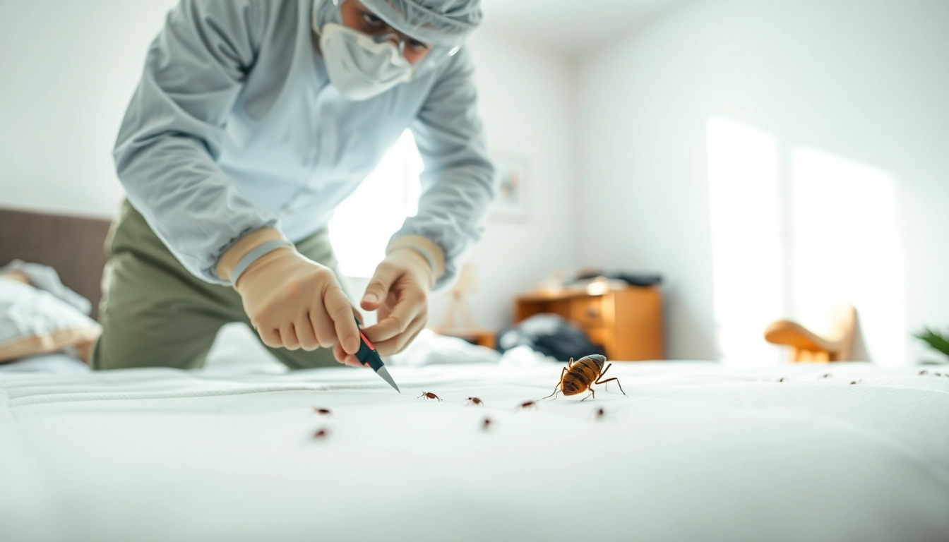 Effective bed bug removal process by a professional exterminator in a well-lit bedroom.