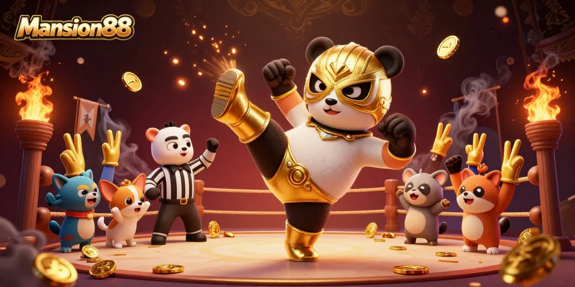 Mansion88 showcases an exciting kick-off by a panda wrestler surrounded by cheering animal fans and dynamic gambling elements.