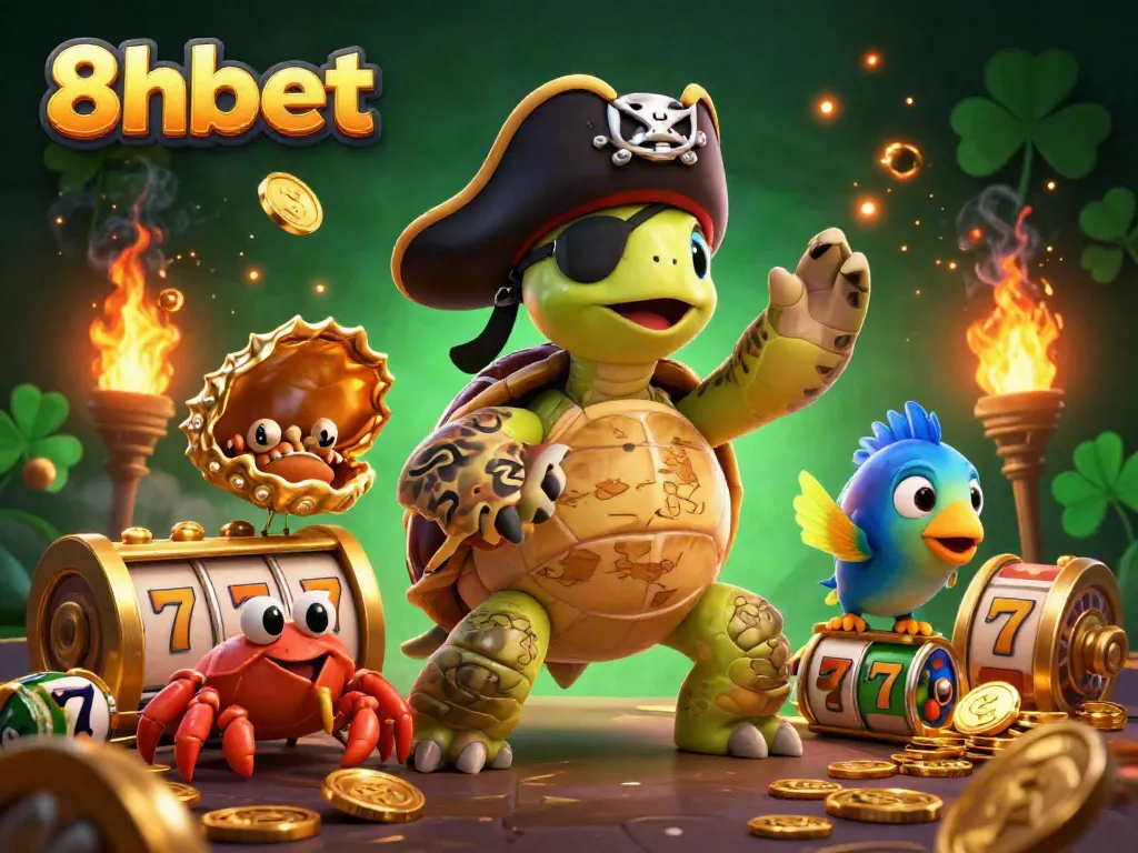 Experience the thrill of 8xbet with vibrant casino elements and playful sea creatures in a dynamic 3D scene.