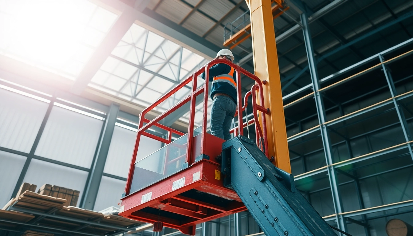 Worker using a cherry picker to reach high areas in a safe and effective manner.