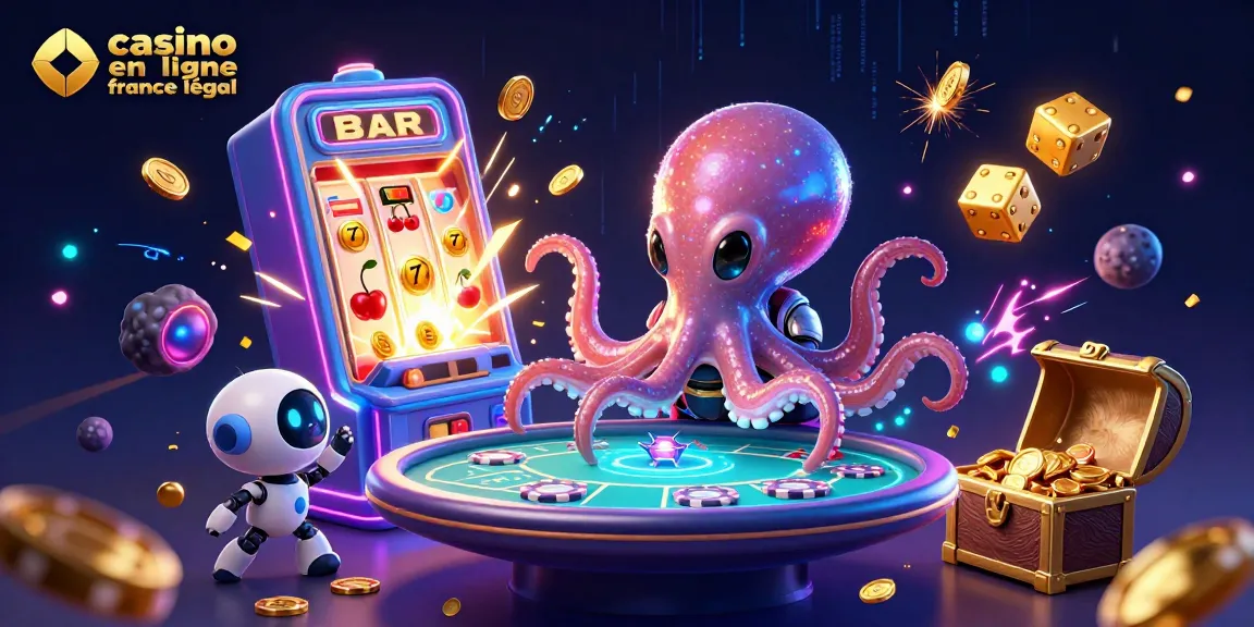 Jeu dynamique de casino en ligne France légal avec une pieuvre extraterrestre et un robot, de nombreux éléments de jeu flottants.