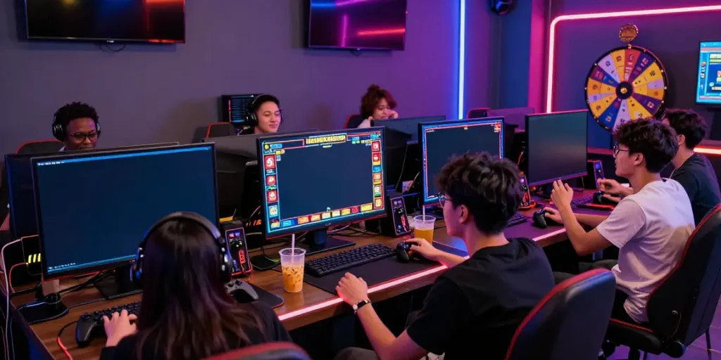 Group of friends enjoying slot gacor game at vibrant gaming lounge