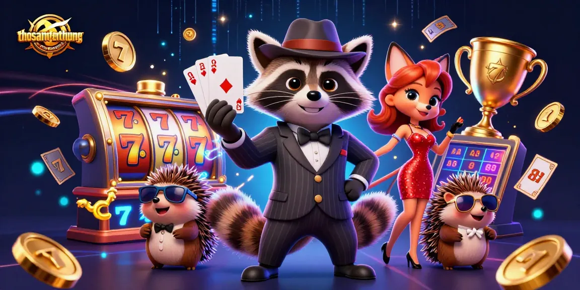 Engage in exciting gameplay with thosantienthuong featuring charming characters surrounded by slot reels and glittering elements.