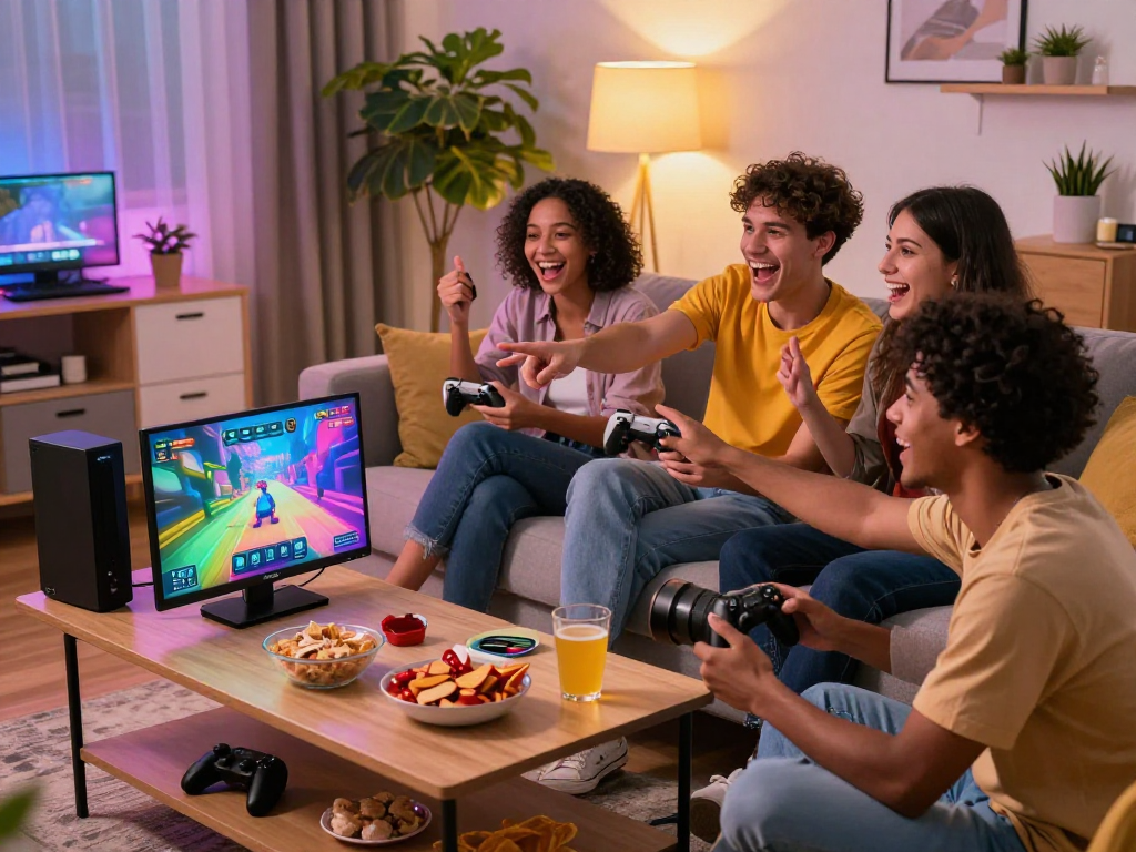 Engaging scene of friends enjoying sex games together in a cozy living room, highlighting social interaction and fun.