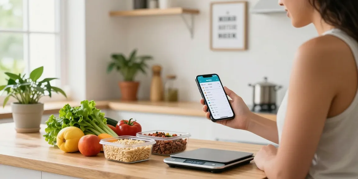 Using the best macro tracker app in a bright kitchen for healthy meal prep.