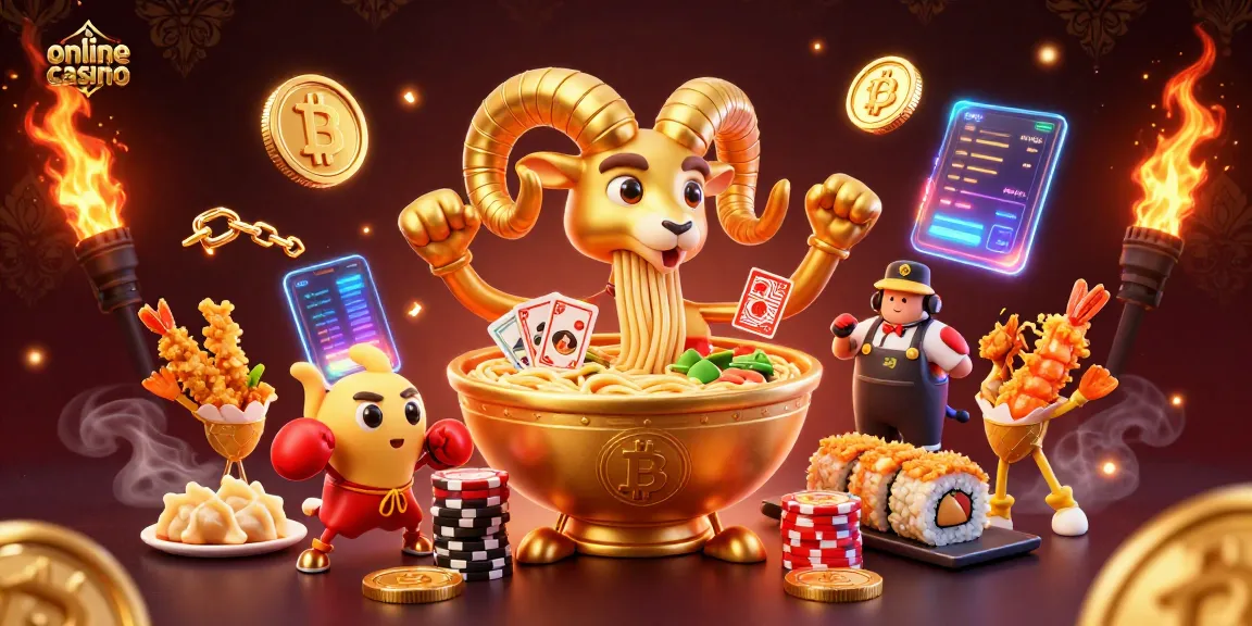 Explore the vibrant world of online casino games with a golden ramen bowl dealer and crypto elements.