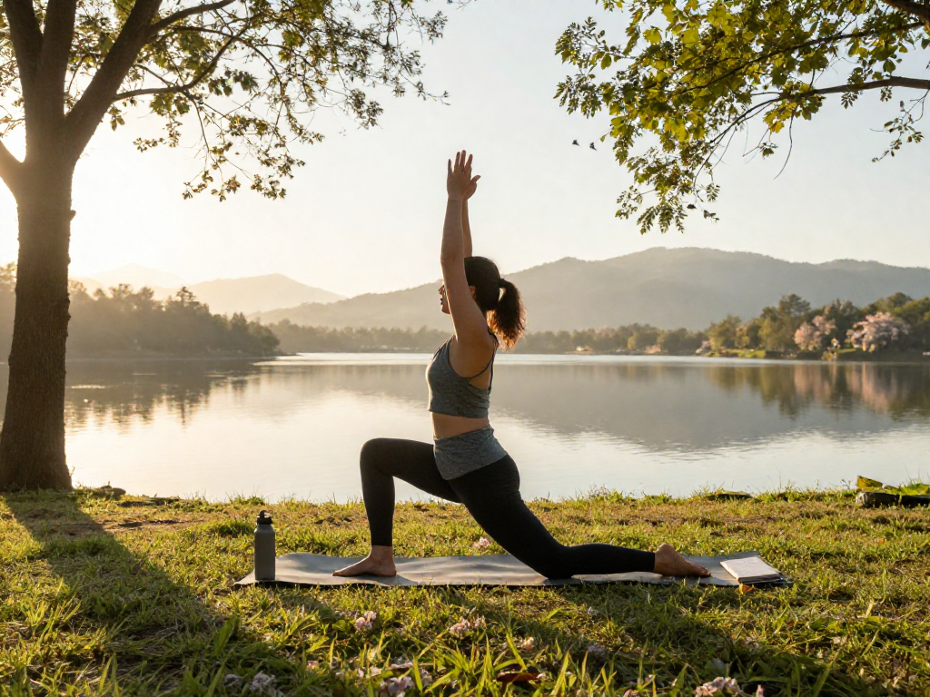 mantra88 yoga session at sunrise by peaceful lake, serene outdoor setting