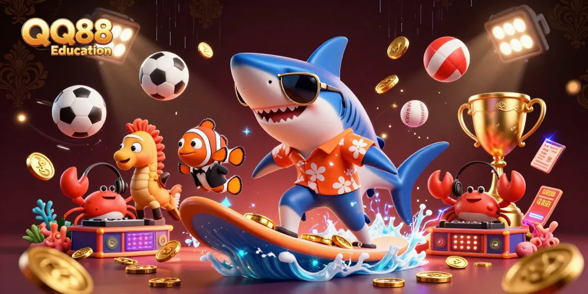 Experience exciting gambling with QQ88 Education, featuring a vibrant cartoon casino scene full of gold.
