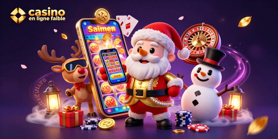 Une scène animée de casino en ligne fiable avec un père Noël 3D, des cartes à jouer et une ambiance festive.