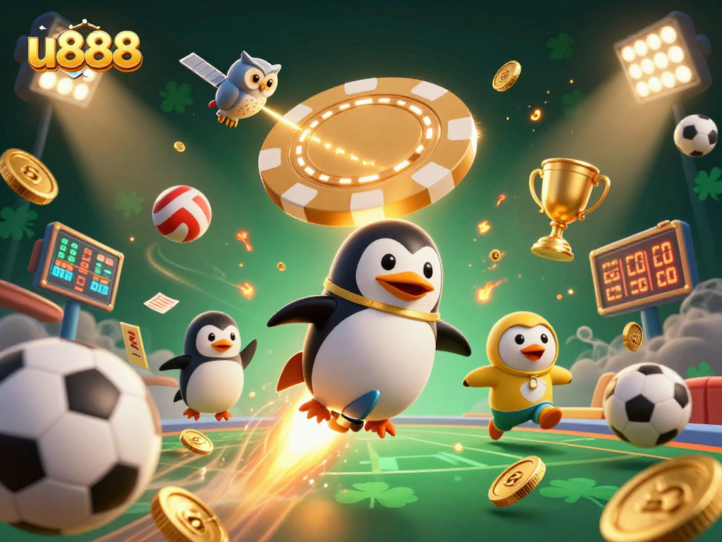 Experience thrilling gaming action at u888 with a vibrant penguin and casino elements in a dynamic 3D scene.
