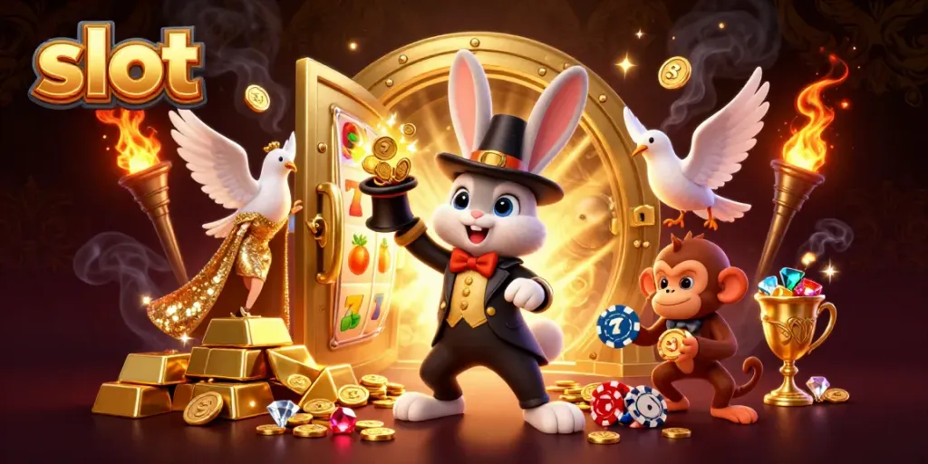 Slot menggambarkan kelinci pesulap menarik koin emas, dikelilingi simbol permainan slot.