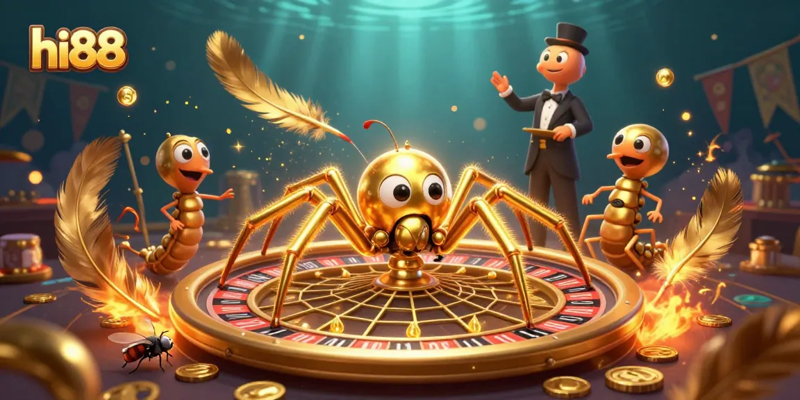 Experience thrilling bets at hi88 with a golden spider and croupier in this vibrant casino scene.