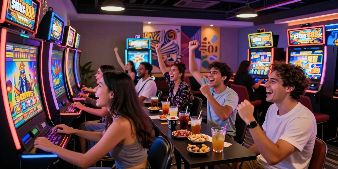 Exciting gaming experience at situs 888 slot machines with friends in a modern lounge setting, vibrant lights and immersive atmosphere.