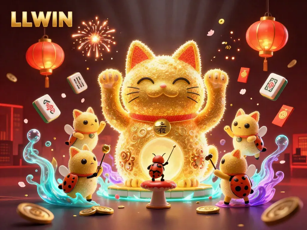 Experience the vibrant world of LLWIN, where a lucky cat and fireflies create thrilling casino energy amidst gold-rich symbols.