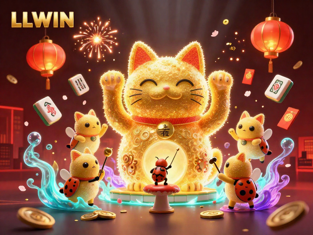 Experience the vibrant world of LLWIN, where a lucky cat and fireflies create thrilling casino energy amidst gold-rich symbols.