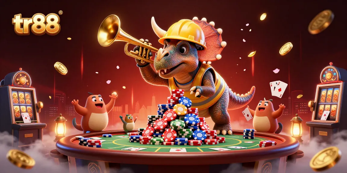 tr88 showcases a vibrant 3D illustration of a triceratops and parasaurolophus celebrating at a casino, surrounded by poker elements.
