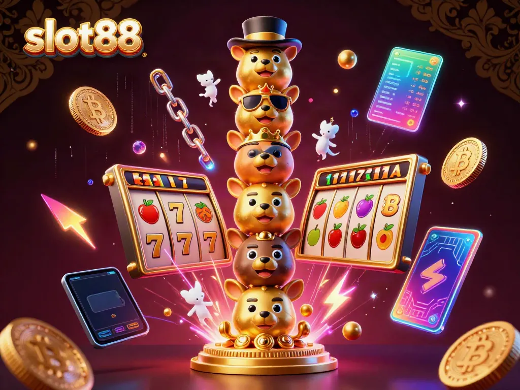 Engage with slot88's vibrant casino experience through dynamic 3D visuals of illustrated totems and game elements.