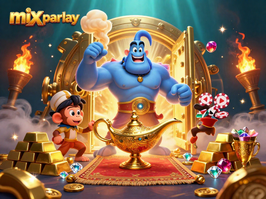 Experience thrilling mix parlay action through vibrant characters and golden treasures in this captivating illustration.