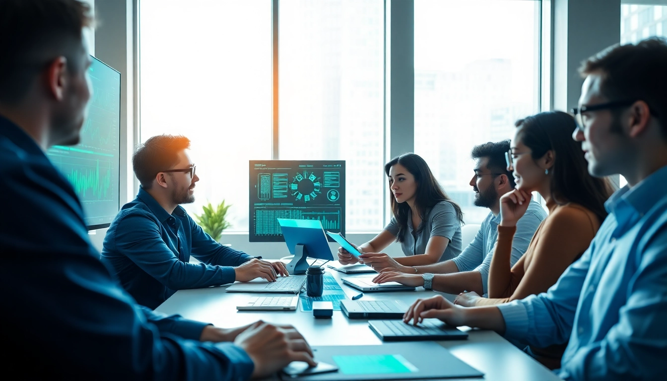 AI agents collaborating in a modern office, analyzing data on screens.