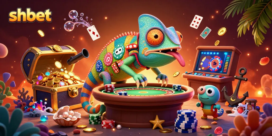 Experience shbet's vibrant casino environment with a chameleon owner amidst dynamic gambling elements.